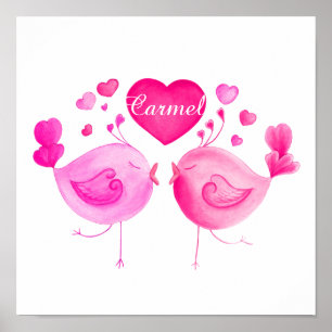 Cute two birds kissing pink name poster print