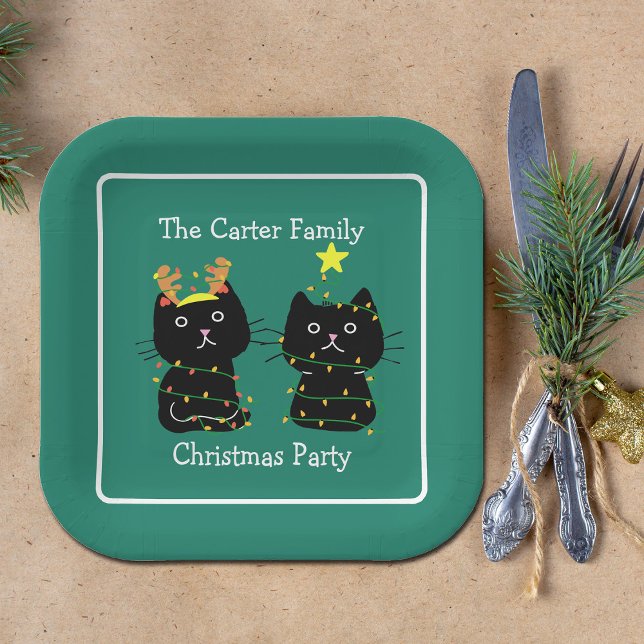 Cute Two Cat Christmas Lights Custom Green Party Paper Plate (Creator Uploaded)