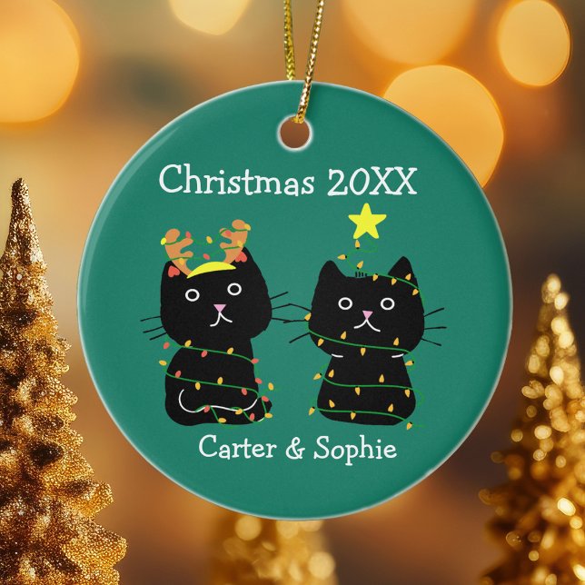 Cute Two Cat Christmas Lights Custom Names Green Ceramic Tree Decoration (Creator Uploaded)