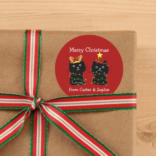 Cute Two Cat Christmas Lights Custom Red Gift Classic Round Sticker