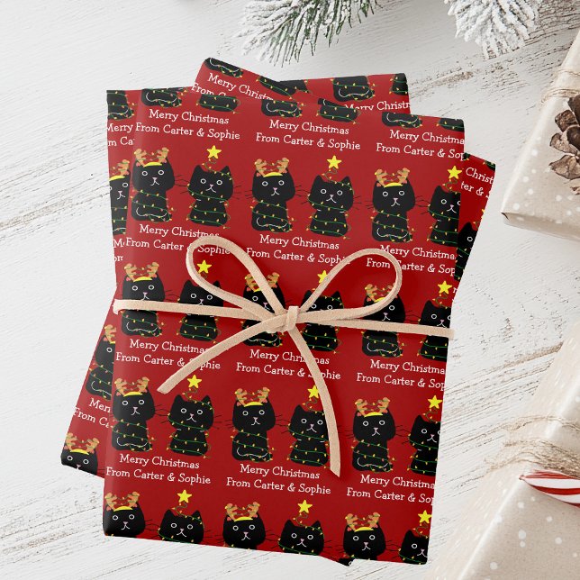 Cute Two Cat Merry Christmas Lights Red Custom Wrapping Paper Sheet (Creator Uploaded)