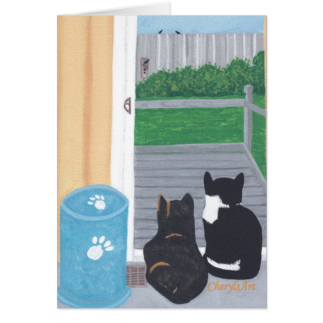 Cute Two Cats Bird Watching Birds Cards (Front)