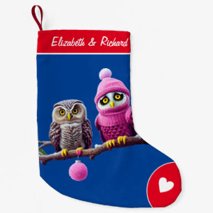 Cute Two Christmas Owl Personalised Name Blue Small Christmas Stocking