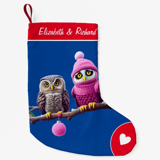 Cute Two Christmas Owl Personalised Name Blue Small Christmas Stocking (Front)