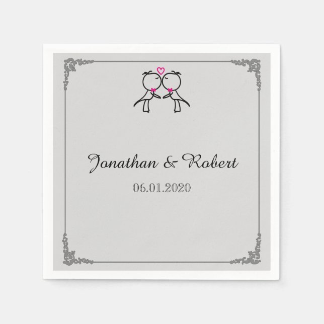 Cute Two Grooms Kissing Gay Wedding Napkin (Front)