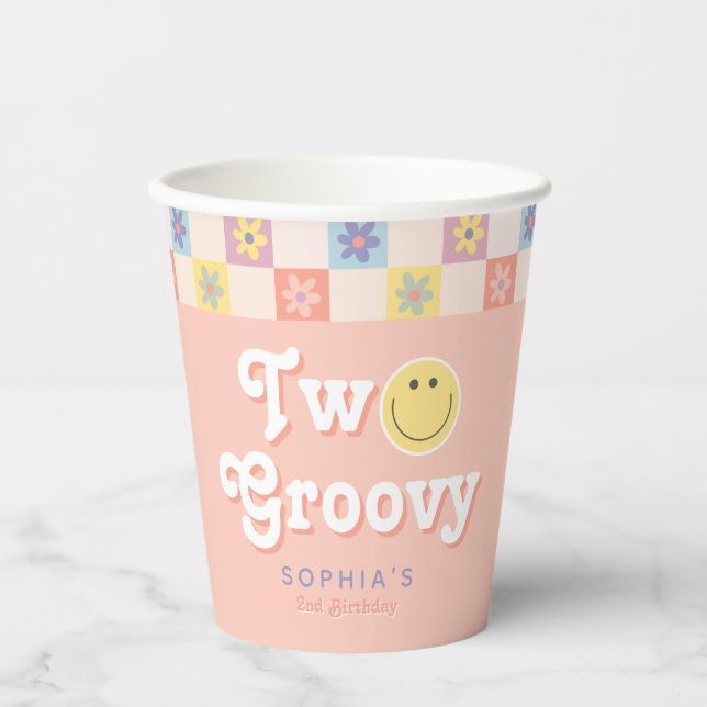 Cute Two Groovy Retro Boho 2nd Birthday Paper Cups (Front)