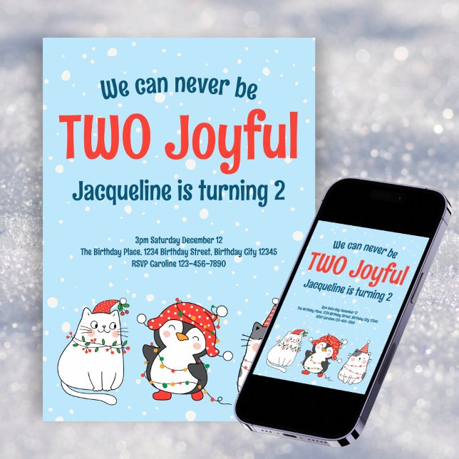 Cute Two Joyful Christmas Cat Penguin 2nd Birthday Invitation (Creator Uploaded)