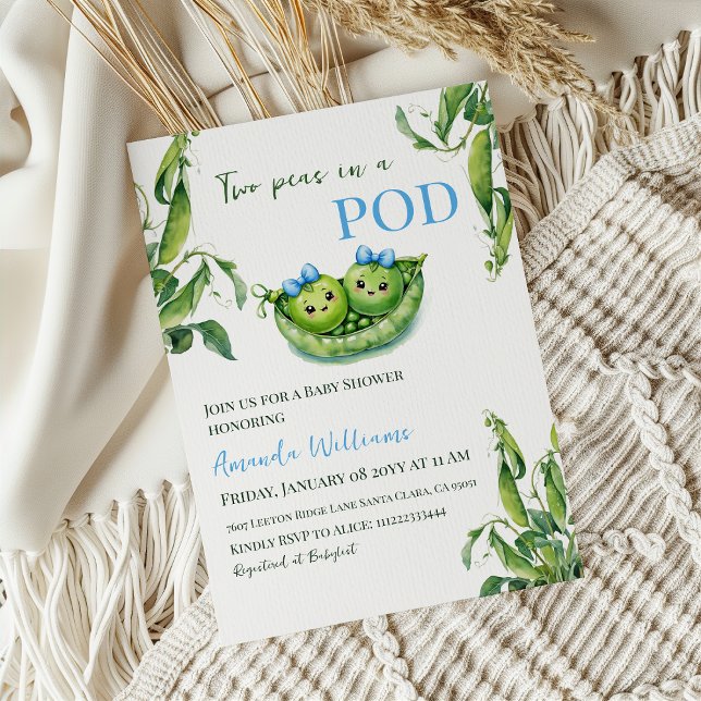 Cute Two Peas in A Pod Blue Boy Twins Baby Shower Invitation (Creator Uploaded)