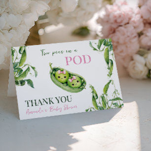Cute Two Peas in A Pod Girl Pink Twins Baby Shower Thank You Card