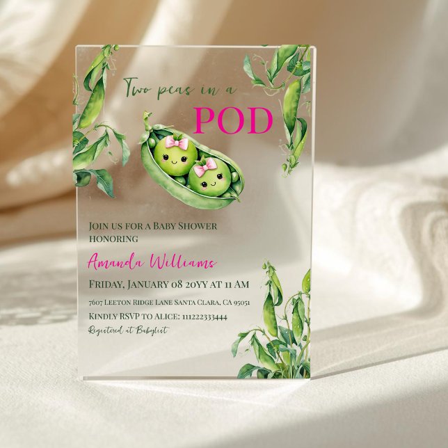 Cute Two Peas in A Pod Pink Girl Twins Baby Shower Acrylic Invitations (Creator Uploaded)
