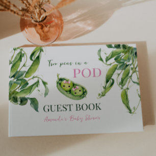 Cute Two Peas in A Pod Pink Girl Twins Baby Shower Guest Book