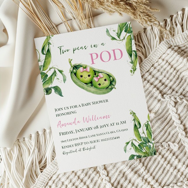 Cute Two Peas in A Pod Pink Girl Twins Baby Shower Invitation (Creator Uploaded)