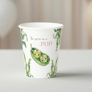 Cute Two Peas in A Pod Pink Girl Twins Baby Shower Paper Cups