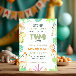 Cute Two Rex Dinosaur 2nd Birthday Party for Kids Invitation