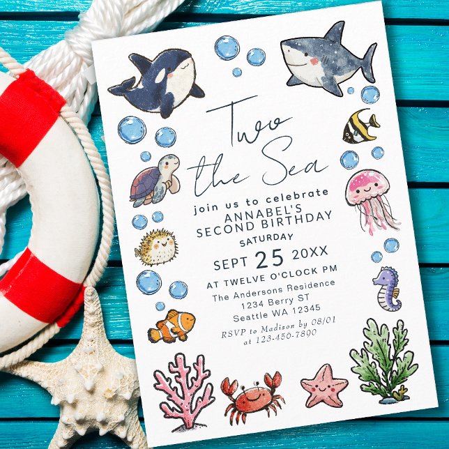 Cute Two the Sea Ocean Kids 2nd Birthday Invitation (Creator Uploaded)