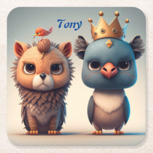 Cute two wild animal friends square paper coaster