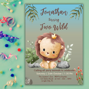 Cute Two Wild Safari Lion Kids 2nd Birthday  Invitation