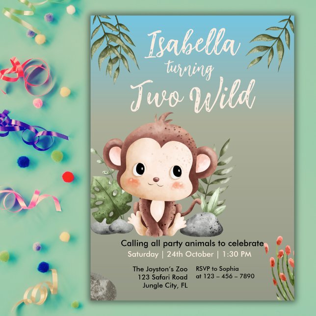 Cute Two Wild Safari Monkey Kids 2nd Birthday  Invitation (Creator Uploaded)