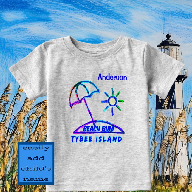 Cute Tybee Island GA Finger Paint Beach Umbrella Baby T-Shirt (TYBEE Beach Bum with name. Adorable fun vacation souvenir.)