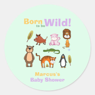 Cute Typography Born To Be Wild Safari Baby Shower Classic Round Sticker