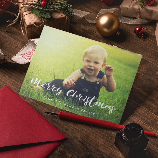 Cute Typography Merry Christmas Family Photo Holiday Card (Creator Uploaded)