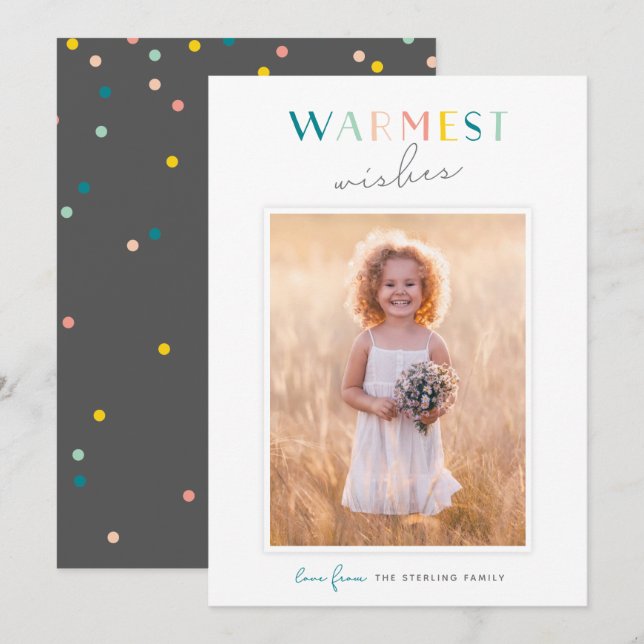 Cute Typography "Warmest Wishes" Rainbow Photo Holiday Card (Front/Back)