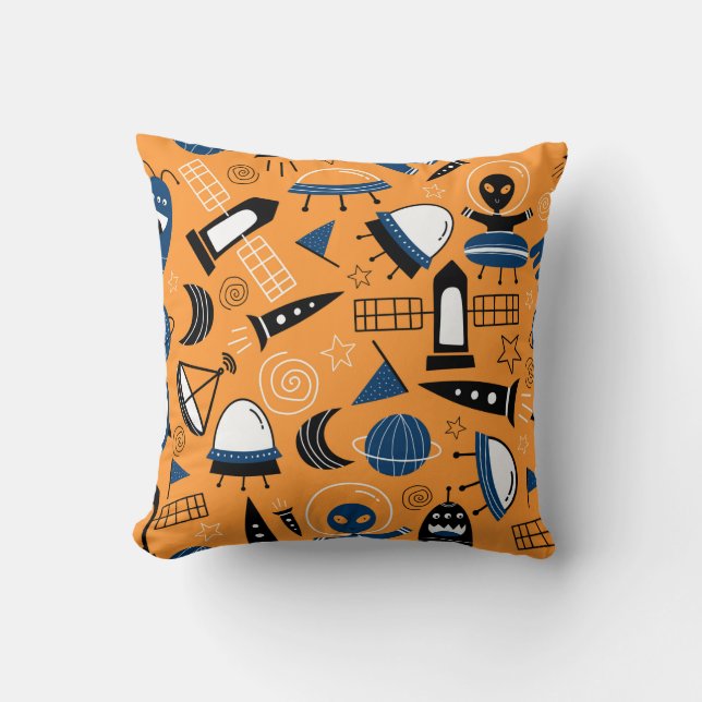 Cute ufo alien spaceships, planets, galaxies seaml cushion (Front)