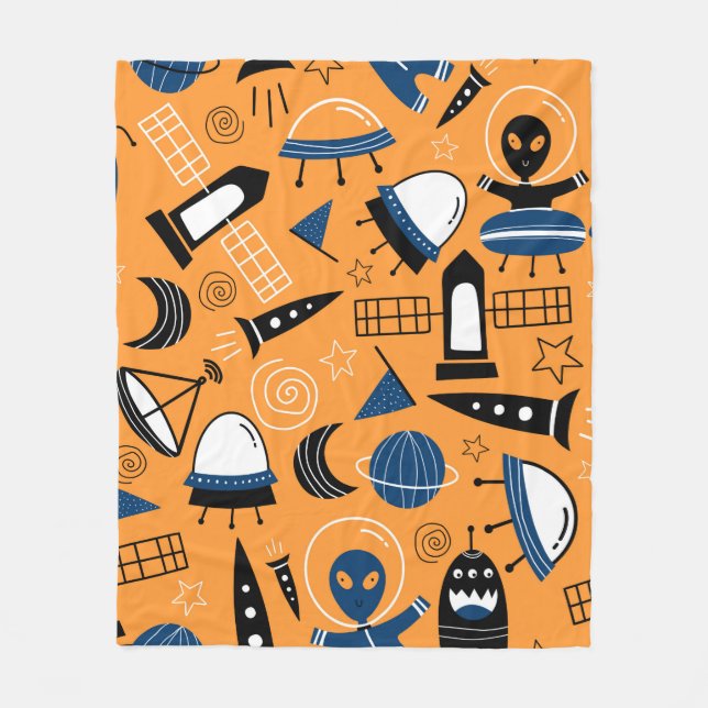 Cute ufo alien spaceships, planets, galaxies seaml fleece blanket (Front)