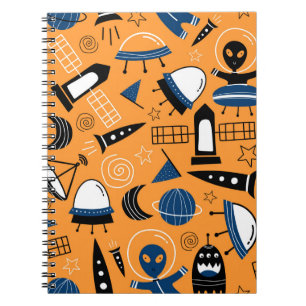 Cute ufo alien spaceships, planets, galaxies seaml notebook