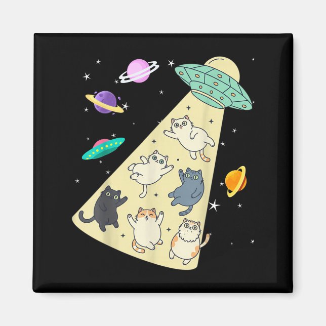 Cute UFO Cat Abduction Cartoon Space Cats Funny Magnet (Front)