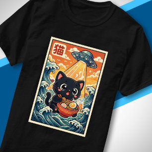 Cute UFO Cat Eating Ramen Retro Japanese Sci-Fi T-Shirt