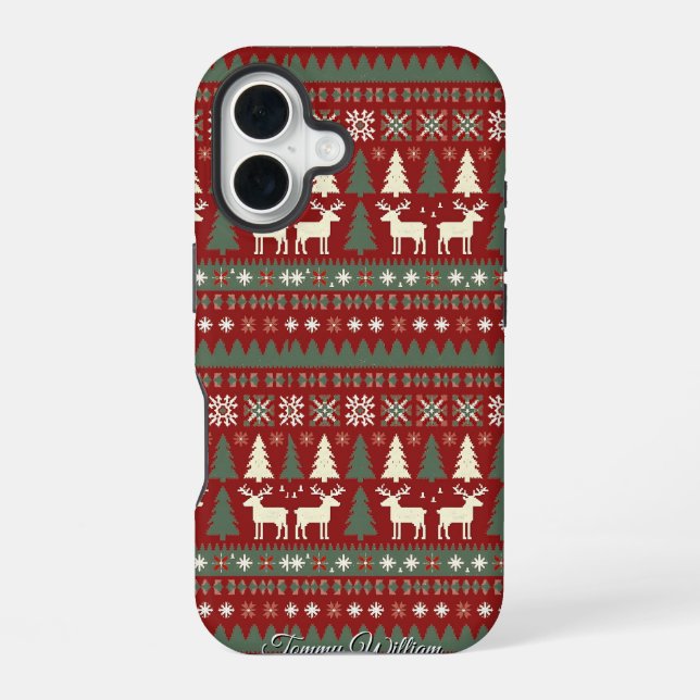 Cute Ugly Christmas Sweater Pattern iPhone 16 Case (Back)