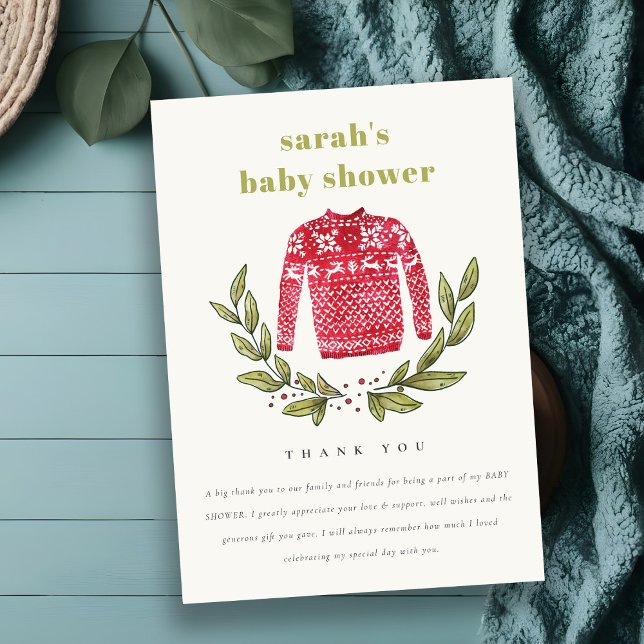 Cute Ugly Sweater Winter Christmas Baby Shower Thank You Card (Creator Uploaded)