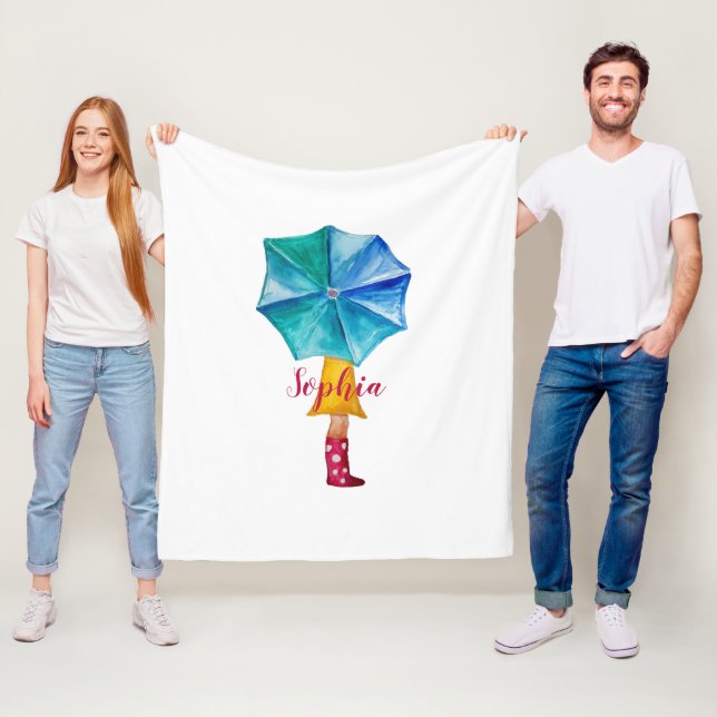 Cute Umbrella Girl Watercolor Monogrammed Fleece Blanket (In Situ)
