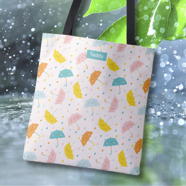 Cute Umbrellas and raindrops with Name Tote Bag (Creator Uploaded)