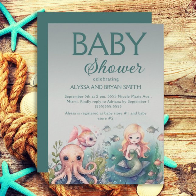 Cute Under Sea Mermaid Octopus Fish Baby Shower Invitation (Creator Uploaded)