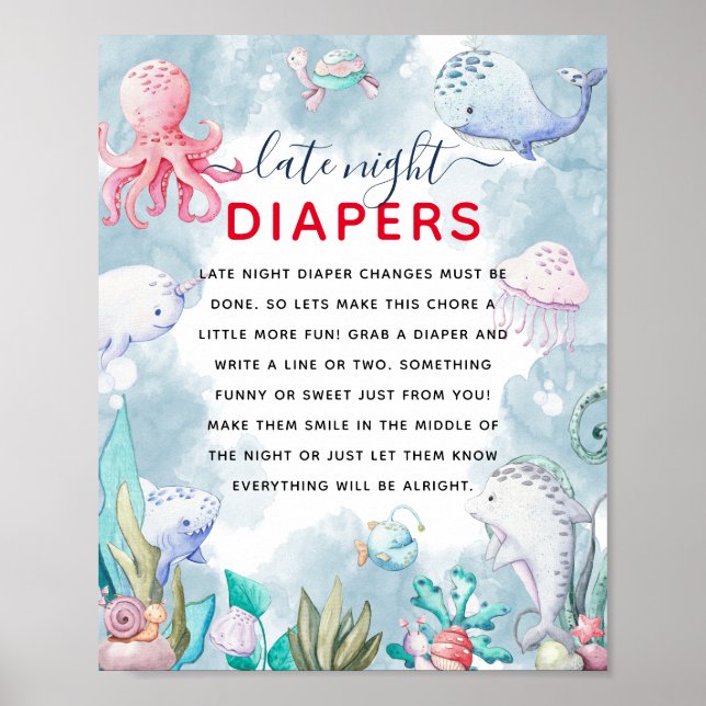 Cute Under the Sea Baby Shower 'Late Night Diaper' Poster (Front)