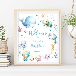 Cute Under The Sea Blue Baby Shower Welcome  Poster