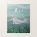 Cute Under the Sea Blue Ocean Seal Kids Jigsaw Puzzle<br><div class="desc">This cute kids jigsaw puzzle features an ocean seal illustration with fish,  seaweed,  and a blue sea wave background. There is also space on the puzzle to add you own customisation: a name in whimsical typography. The perfect under the sea keepsake gift for any child or ocean enthusiast!</div>