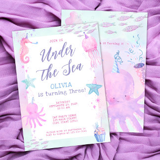 Cute Under the Sea Girl's 3rd Birthday Invitation