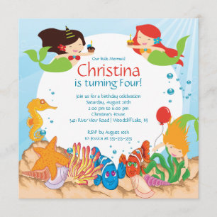 Cute Under The Sea Mermaid Birthday Invitation