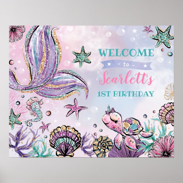 Cute Under the Sea Mermaid Pool Party Welcome Poster (Front)