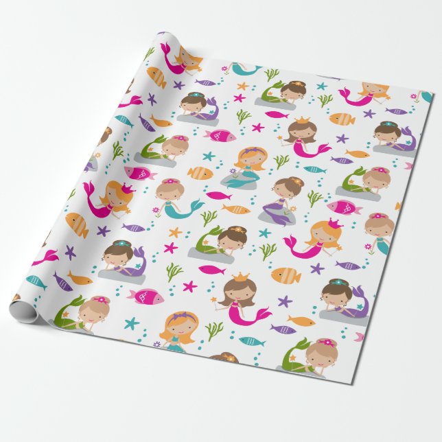 Cute Under the Sea Mermaid Wrapping Paper (Unrolled)
