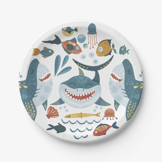 Cute under the sea shark fish pattern paper plate (Front)