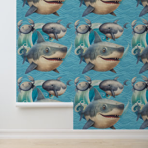 Cute under the sea shark whale crab ocean kids wallpaper