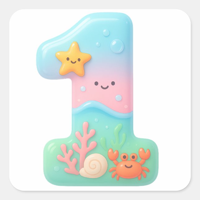 Cute Under The Sea Theme Cartoon Number 1 Square Sticker (Front)