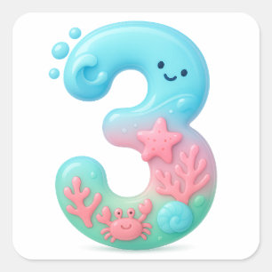 Cute Under The Sea Theme Cartoon Number 3 Square Sticker