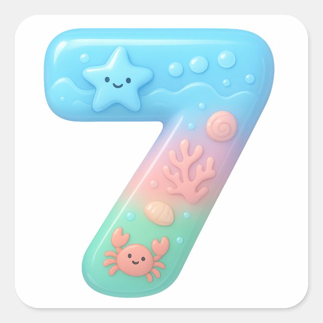 Cute Under The Sea Theme Cartoon Number 7 Square Sticker (Front)