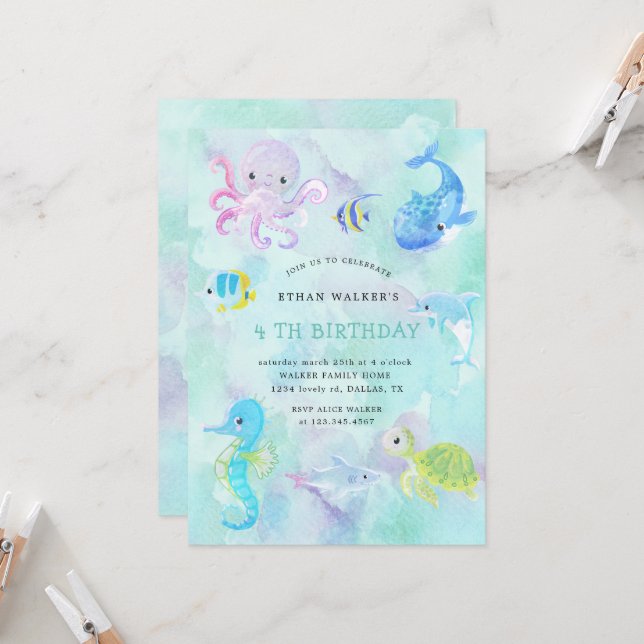 Cute Under the Sea Watercolor Birthday Invitation (Front/Back In Situ)