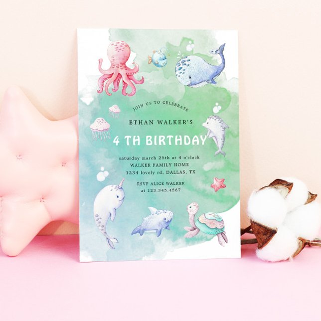 Cute Under The Sea Watercolor Birthday Invitation (Creator Uploaded)